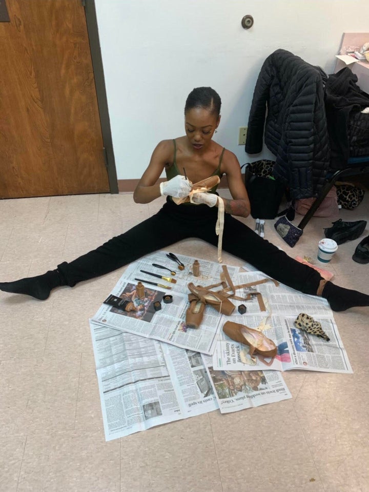 Dancer Cortney Taylor Key pancakes her pointe shoes with makeup to match her skin tone. Pointe shoes have reflected ballet’s stance on race politics for centuries, recognizing only a pearlescent pink as default. Pancaking is a messy process and only recently have heritage pointe shoe suppliers incorporated darker palettes.