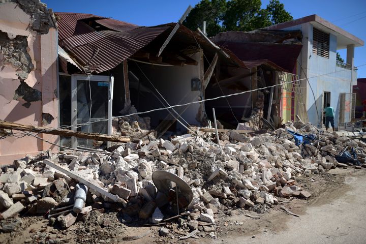 Homes are damaged after an earthquake struck Guánica, Puerto Rico, on Jan. 7, 2020.