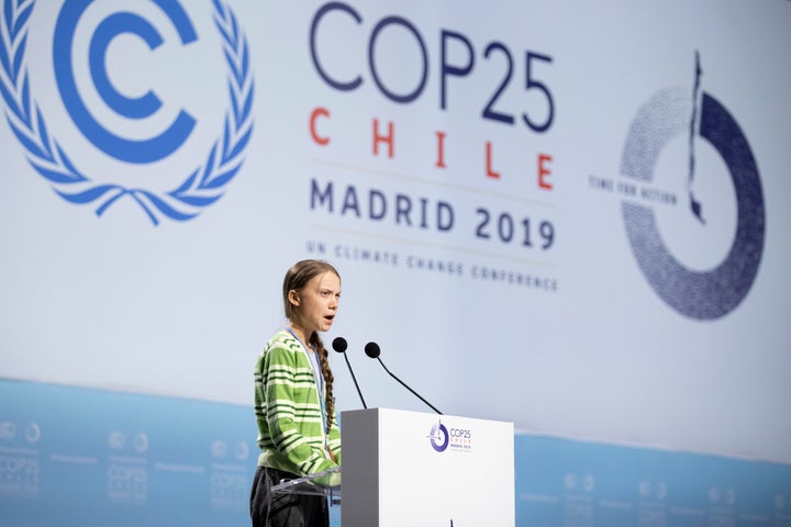 Greta Thunberg giving a speech at the COP25 Climate Conference in Madrid in December. Legendary Canadian children's musician Raffi recently called her "the moral voice of our time."