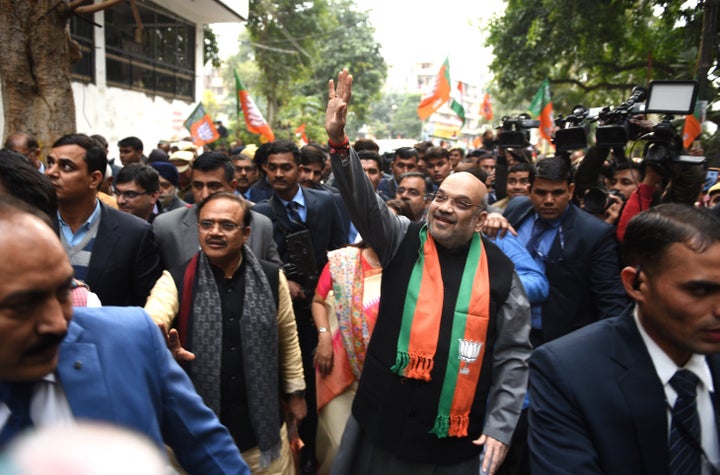 Amit Shah seen during his door-to-door campaign under Jan Jagran Abhiyan on Citizenship Amendment Act at C-Block, Lajpat Nagar Part-2, on January 5, 2020, in New Delhi.