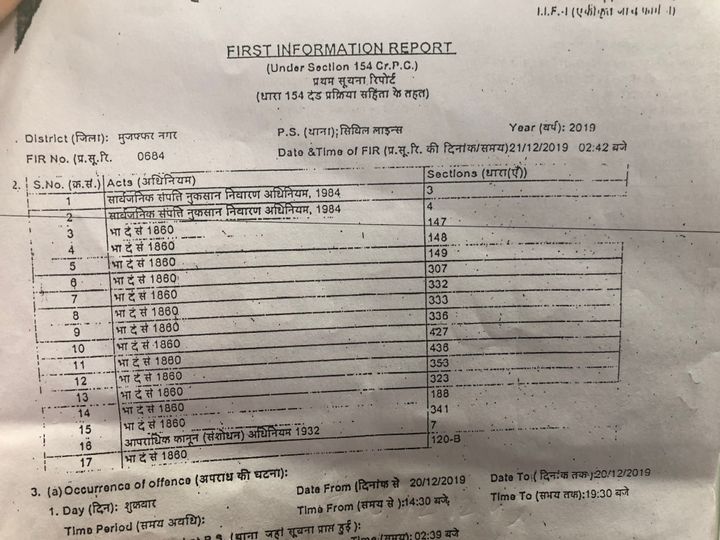 Snapshot of the FIR registered by the Muzaffarnagar Police on December 21 with details of the 17 charges imposed against students and other residents of the madrasa as well as many other people. The numbers to the right show sections of the Indian Penal Code which define criminal offences that are punishable under law. Of the 17 listed here, only section 188 (number 14 in this list), now remains imposed on 10 students and other residents of the madrasa.