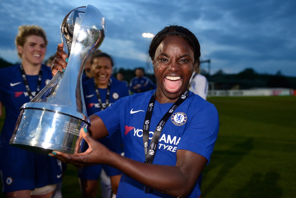 Aluko with the WSL Trophy after a match between Bristol City Women and Chelsea Ladies in 2018.