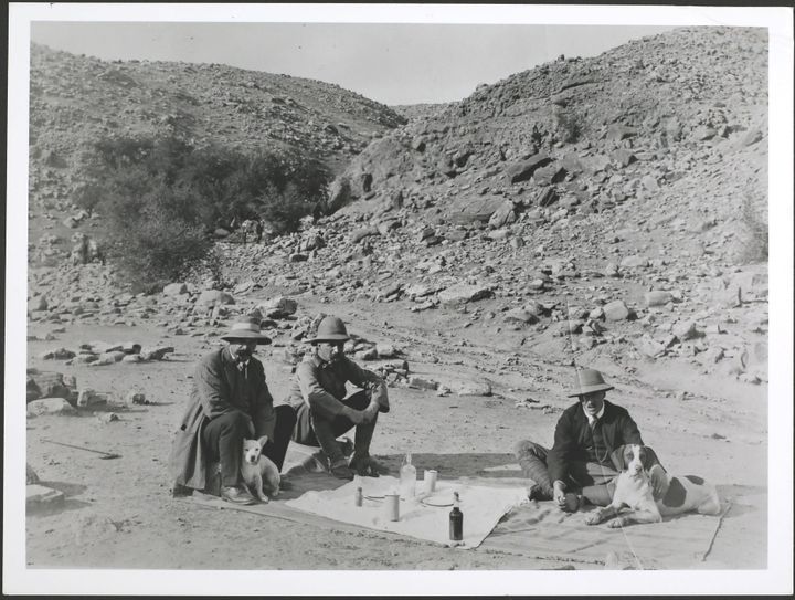 <strong>Oil mining pioneers at a picnic near Masjid i-Suleiman in Persia (Iran) with their dogs, circa 1900.</strong>