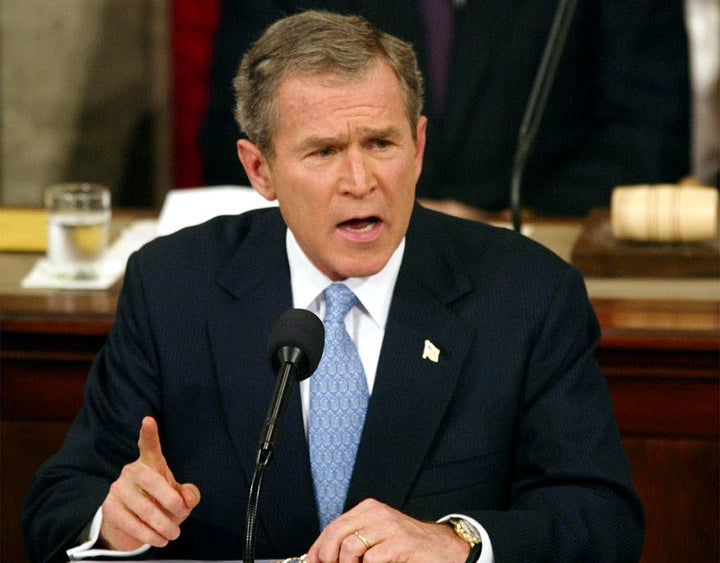 <strong>President George W. Bush labels North Korea, Iran and Iraq an "axis of evil" during his State of the Union address on Capitol Hill. </strong>