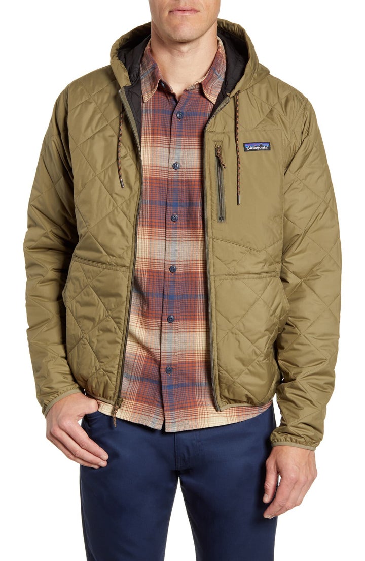 This Patagonia hooded jacket is made with recycled polyester taffeta and lined with Thermogreen insulation, which is 90% recycled.