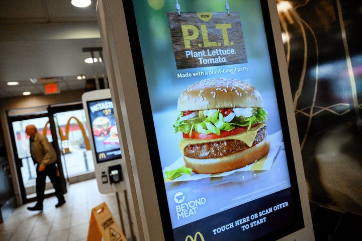 A sign promoting McDonald's "PLT" burger with a Beyond Meat plant-based patty at one of the test restaurant locations in London, Ont., Oct. 2, 2019.