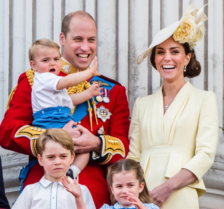 Prince Louis, Prince George, Prince William, Duke of Cambridge, Princess Charlotte and Catherine, Duchess of Cambridge appear on the balcony during Trooping the Colour, the Queen's annual birthday parade, on June 8, 2019, in London, England.