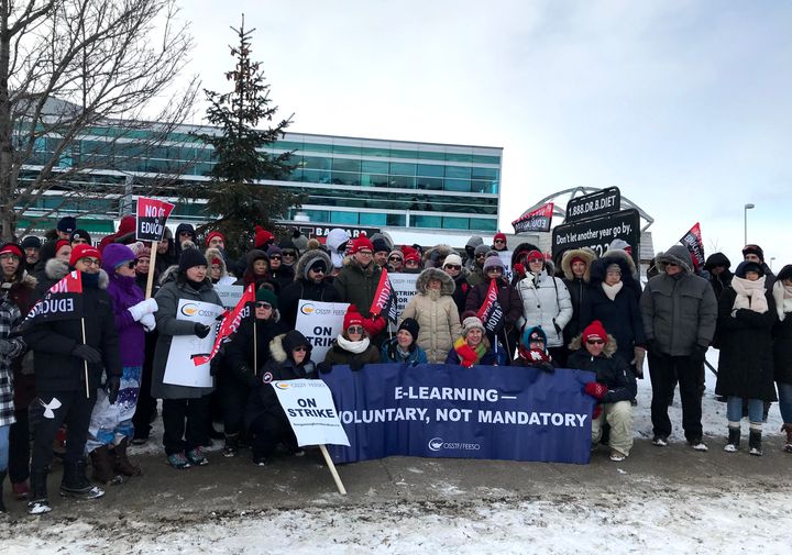 Members of the Ontario Secondary School Teachers' Federation hold a one-day strike in Brampton, Ont. on Jan. 8, 2020.