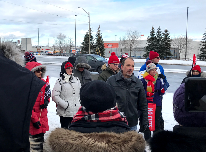 Harvey Bischof, president of the Ontario Secondary School Teachers' Federation, speaks to members on the picket line in Brampton, Ont. on Jan. 8, 2020.