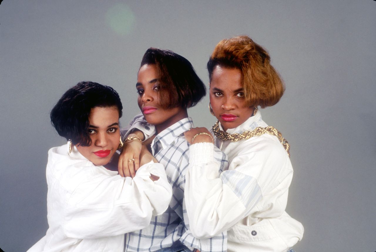(Left to right) Cheryl "Salt" James, Deidra "Dee Dee" Roper aka Spinderella and Sandra "Pepa" Denton of the hip hop trio Salt-N-Pepa pose for a portrait in 1988. 