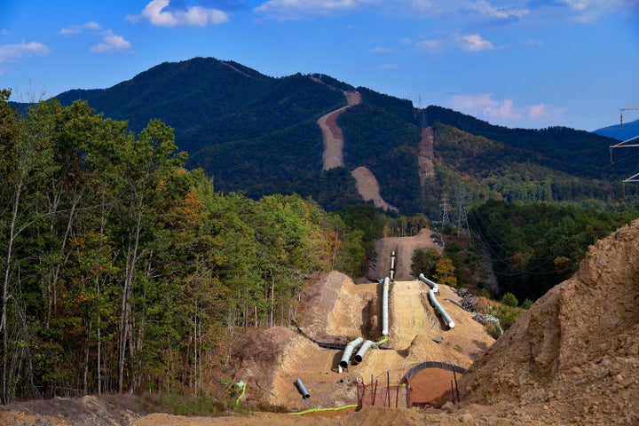 Lengths of pipe wait to be laid in the ground along the Mountain Valley Pipeline near Elliston, Virginia, on Sept. 29.