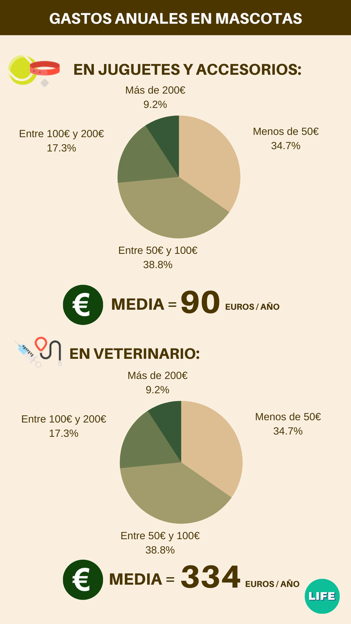 Gasto medio anual en juguetes y veterinarios. Fuente: tiendanimal.es