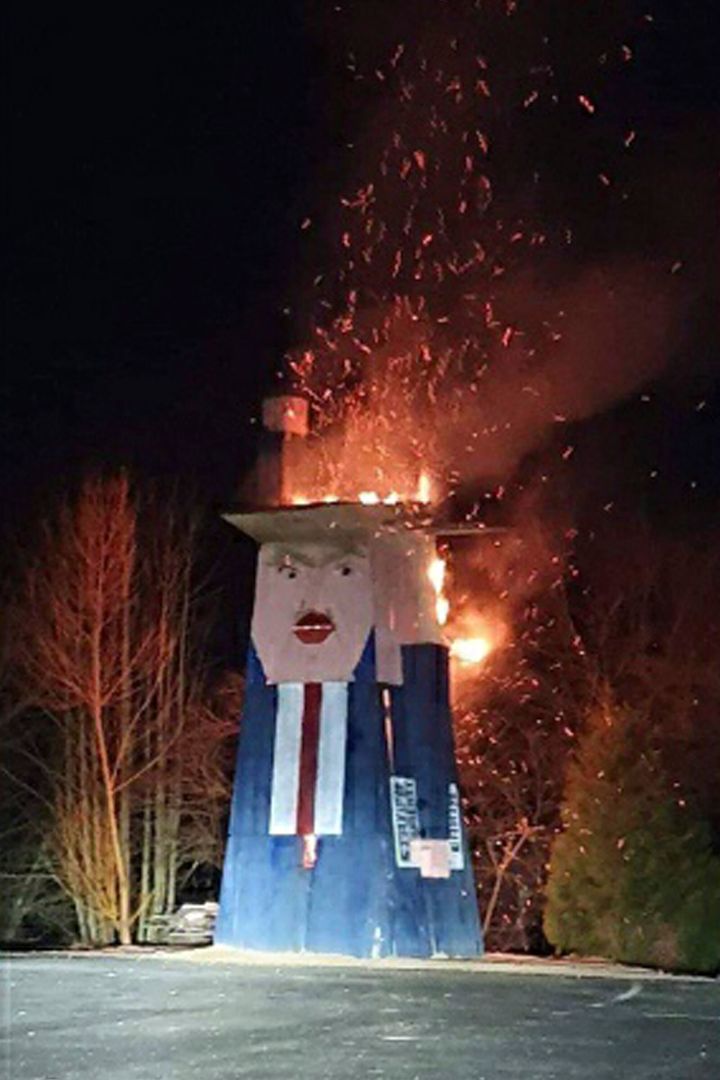 A wooden sculpture of Donald Trump was set alight in Slovenia early Thursday morning.