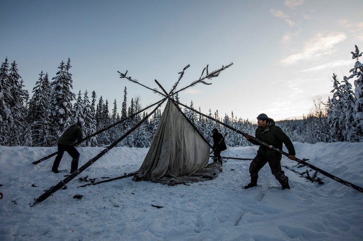 Supporters of the Wet'suwet'en hereditary chiefs and who oppose the Coastal GasLink pipeline set up a support station at kilometre 39, just outside of Gidimt'en checkpoint near Houston B.C., on Jan. 8, 2020. 