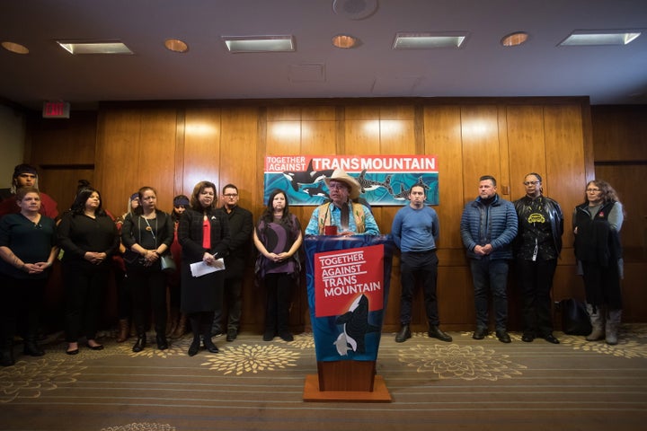 Coldwater Indian Band Chief Lee Spahan speaks during a news conference ahead of a Federal Court of Appeal case on the Trans Mountain pipeline expansion in Vancouver on Dec. 16, 2019. 