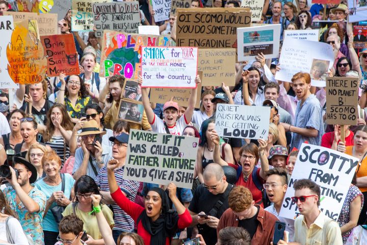 Activists rally for climate action at Sydney Town Hall on January 10, 2020 in Sydney, Australia. 