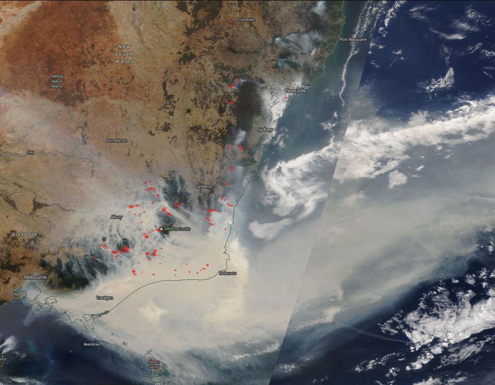 A view of south-eastern Australia during on January 3, with each red spot marking fires and heat anomalies.