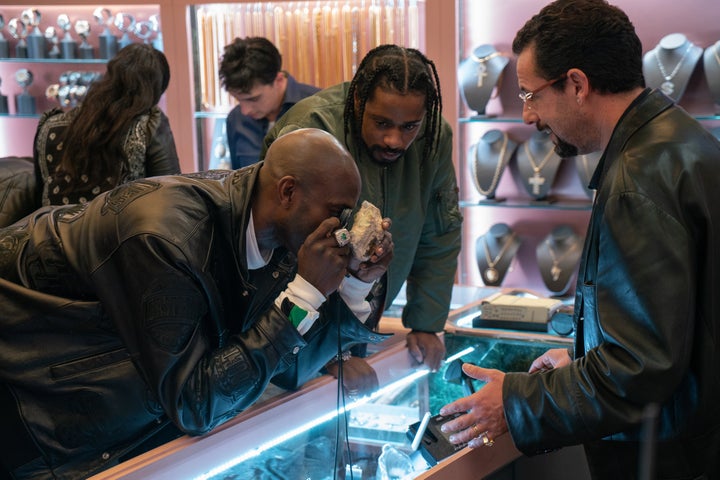 Kevin Garnett, Lakeith Stanfield and Adam Sandler in "Uncut Gems."