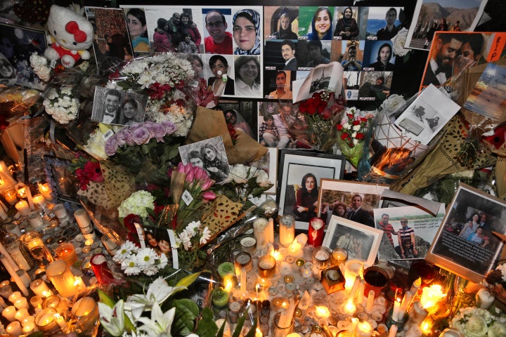 A memorial is seen during a candlelight vigil at Mel Lastman Square in Toronto on Jan. 9, 2020 for the victims of the Ukrainian International Airlines flight PS752.