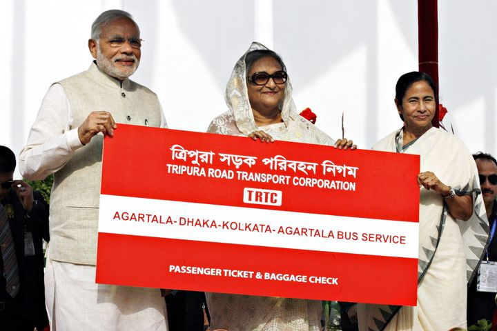 India's Prime Minister Narendra Modi (L), Bangladesh's Prime Minister Sheikh Hasina (C) and Chief Minister of West Bengal, Mamata Banerjee in a file photo. 