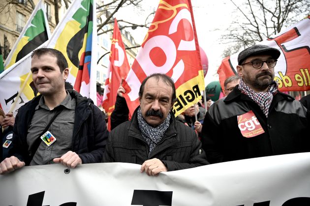 Philippe Martinez, secrétaire général de la CGT, à Paris, lors de la manifestation contre les retraites,...