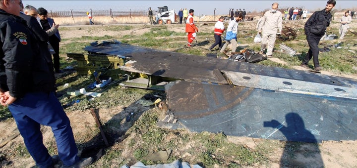 General view of the debris of the Ukraine International Airlines, flight PS752, Boeing 737-800 plane that crashed on the outskirts of Tehran on Jan. 8, 2020.