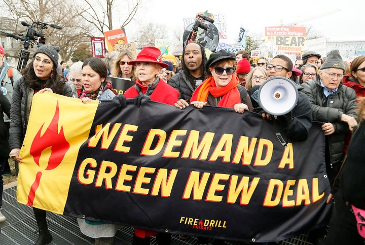 From left to right, actors and activists Jane Fonda, Susan Sarandon and Martin Sheen march during the "Fire Drill Fridays" cl