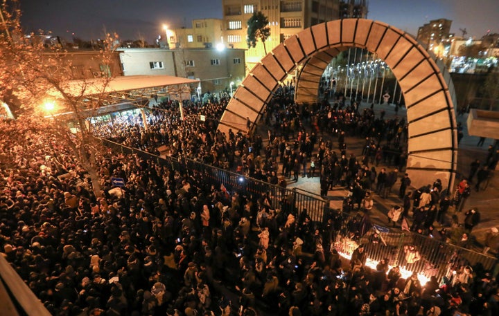 Iranian students demonstrate on Saturday following a tribute for the 176 people who were killed after Iran accidentally shot down a passenger airline on Wednesday.