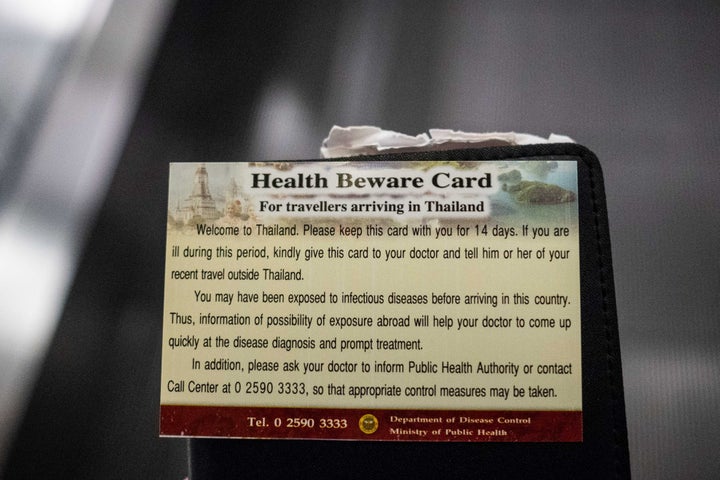 A "Health Beware Card" handed out by officials after performing thermal scans on passengers arriving from Wuhan, China at Suvarnabumi Airport on Jan. 8, 2020 in Bangkok, Thailand.