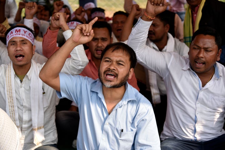 Activists of All Assam Koch Rajbongshi Sanmilani (AAKRS), Krishak Mukti Sangram Samiti (KMSS) leader Akhil Gogoi stage a demonstration demanding ST status, at Chachal in Guwahati, Assam, on January 24, 2019.