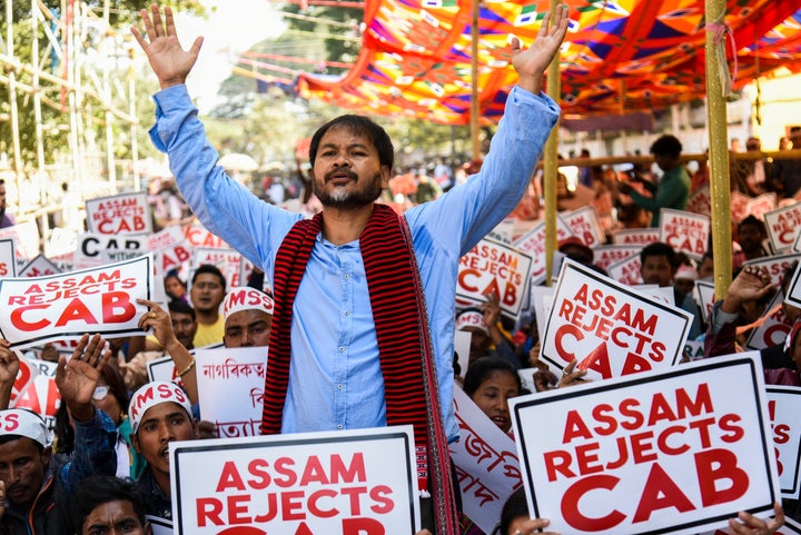Krishak Mukti Sangram Samiti (KMSS) adviser Akhil Gogoi and KMSS members during the protest against the Citizenship Amendment Bill 2016 in Guwahati, Assam, on 5 December 2019.
