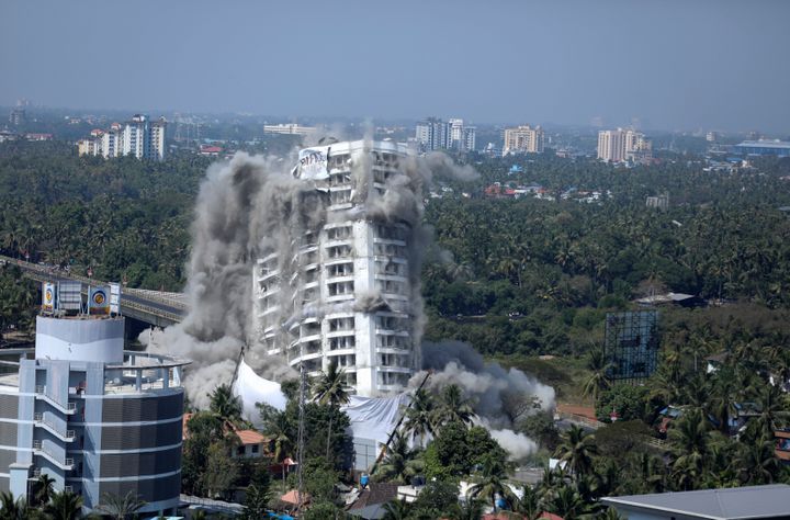 High-rise luxury apartment apartment Holy Faith H2O is brought to the ground by controlled implosion in Kochi,, Saturday, Jan. 11. 2020.