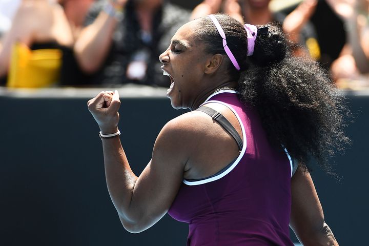 United States' Serena Williams celebrates a point during her quarter finals singles match against Germany's Laura Siegemund at the ASB Classic in Auckland, New Zealand, Friday, Jan. 10, 2020. (Chris Symes/Photosport via AP)
