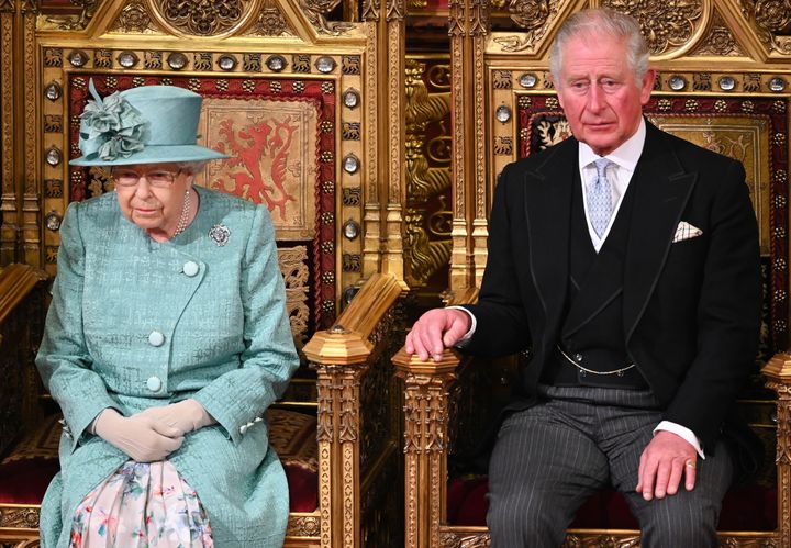 Queen Elizabeth II and Prince Charles, Prince of Wales attend the State Opening of Parliament in the House of Lord's Chamber on Dec. 19, 2019.