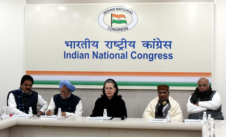Congress interim president Sonia Gandhi, former prime minister Manmohan Singh, Mallikarjun Kharge, AK Antony and KC Venugopal attend a Congress Working Committee meeting at the AICC HQ, on January 11, 2020 in New Delhi.