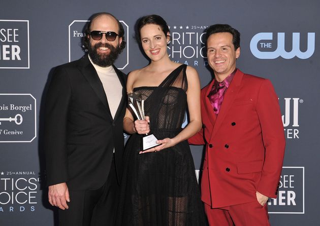 (L-R) Brett Gelman, Phoebe Waller-Bridge and Andrew Scott pose in the press room with the award for best comedy series for Fleabag at the 25th annual Critics' Choice Awards on Sunday, Jan. 12, 2020