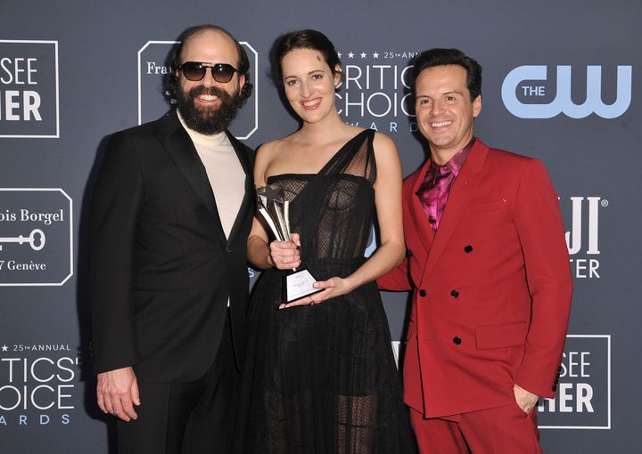 (L-R) Brett Gelman, Phoebe Waller-Bridge and Andrew Scott pose in the press room with the award for best comedy series for Fl