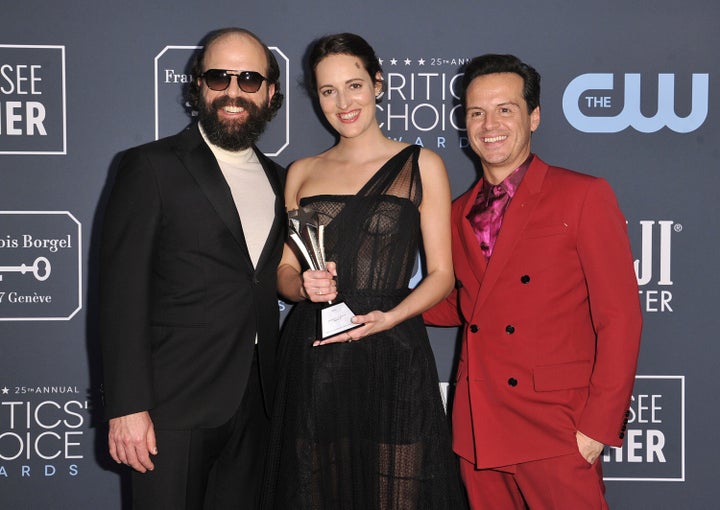 (L-R) Brett Gelman, Phoebe Waller-Bridge and Andrew Scott pose in the press room with the award for best comedy series for Fleabag at the 25th annual Critics' Choice Awards on Sunday, Jan. 12, 2020