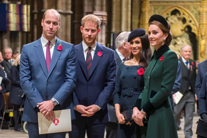 William, Kate Middleton, Prince Harry and Meghan Markle arrive for an Armistice Service at Westminster Abbey on Nov. 11, 2018.