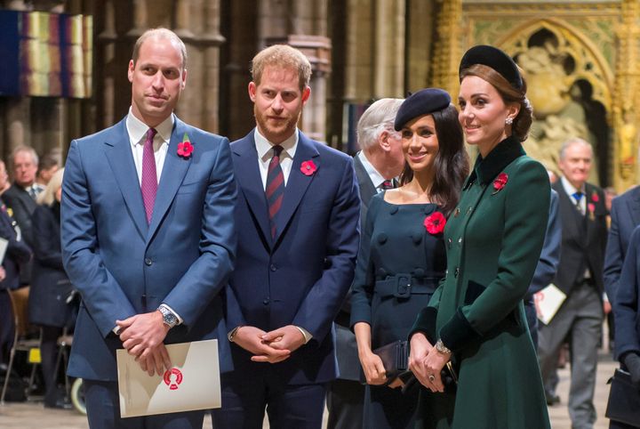 William, Kate Middleton, Prince Harry and Meghan Markle arrive for an Armistice Service at Westminster Abbey on Nov. 11, 2018.