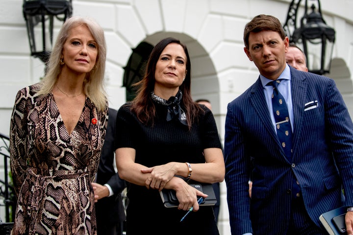 From left, counselor to the president Kellyanne Conway, White House press secretary Stephanie Grisham, and Deputy White House