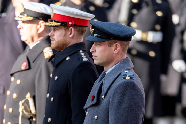 William and Harry attend the annual Remembrance Sunday memorial at The Cenotaph on Nov. 10, 2019 in London. 