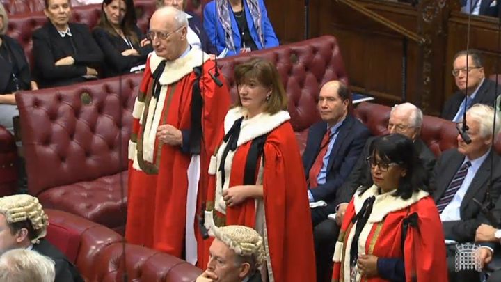 Nicky Morgan, flanked by supporters Baroness Verma and Lord Young of Cookham, is sworn in as a member of the House of Lords. Baroness Morgan of Cotes quit the Commons in the December election but was given a seat in the upper house by Boris Johnson.