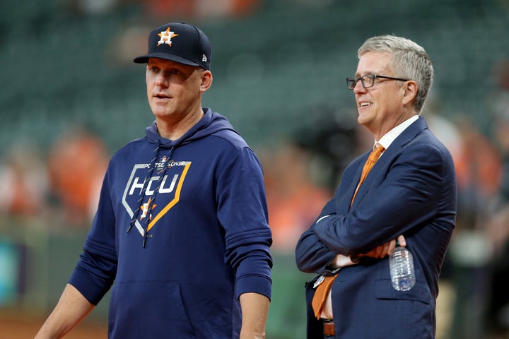 Houson Astros manager AJ Hinch and general manager Jeff Luhnow on Oct. 5, 2019, in Houston, Texas.
