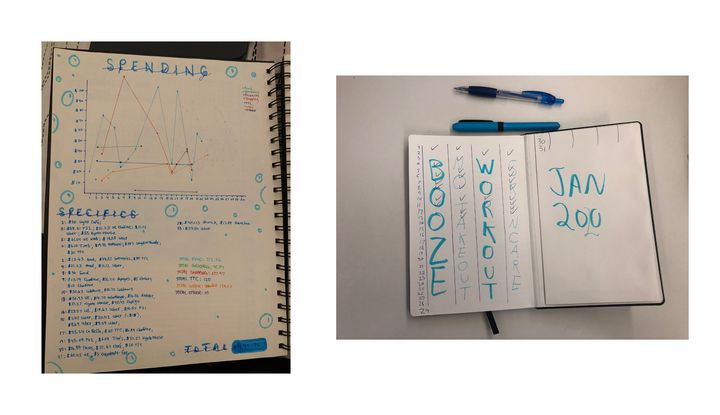 My roommate Shay's bullet journal (left) is gorgeous and filled with meticulously made graphs. My journal's aesthetic is... a constant work-in-progress. Thankfully, both get the job done! 