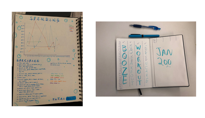 My roommate Shay's bullet journal (left) is gorgeous and filled with meticulously made graphs. My journal's aesthetic is... a constant work-in-progress. Thankfully, both get the job done!