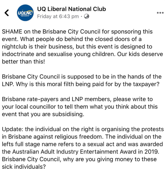 UQ Liberal National Club's original statement on the planned Drag Storytime event in Brisbane.
