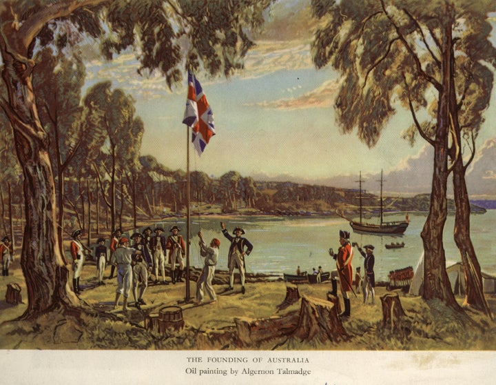 Captain Arthur Phillip of the Royal Navy raises the flag to declare British possession of New South Wales at Sydney Cove on January 26, 1788.