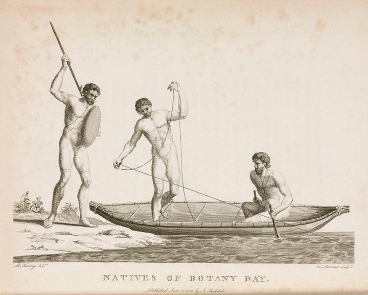 An early depiction of Aboriginal Australians in Botany Bay. 