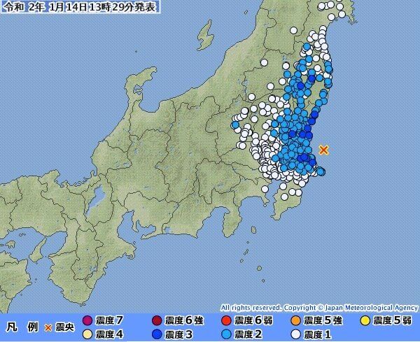 1月14日午後1時25分に福島県・茨城県で震度3の地震が発生した